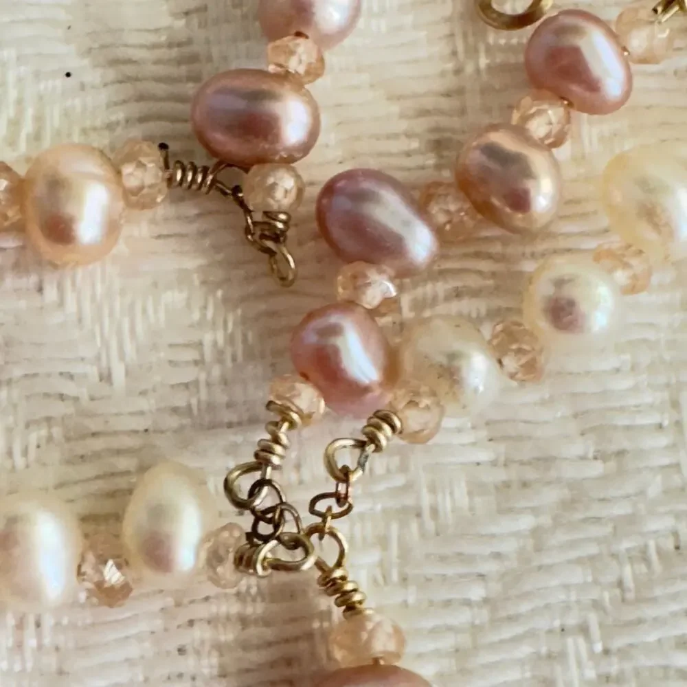 26” Fresh Water Pearls Copper Wire Ocean Jasper Necklace Estate Find Pink Gray